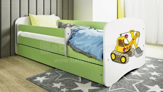 Bed babydreams green digger with drawer with non-flammable mattress 140/70