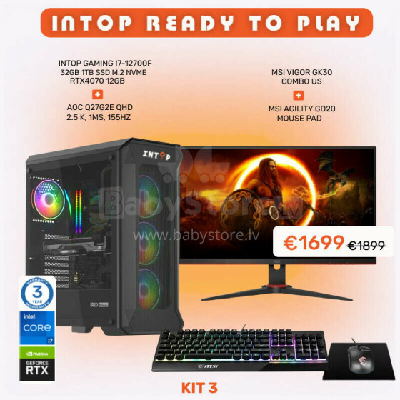 INTOP READY TO PLAY KIT 3 INTOP i7-12700F 32GB 1TB SSD M.2 NVME RTX4070 12GB no-OS + Monitors AOC Q27G2E/BK 27 " + Gift Bundle