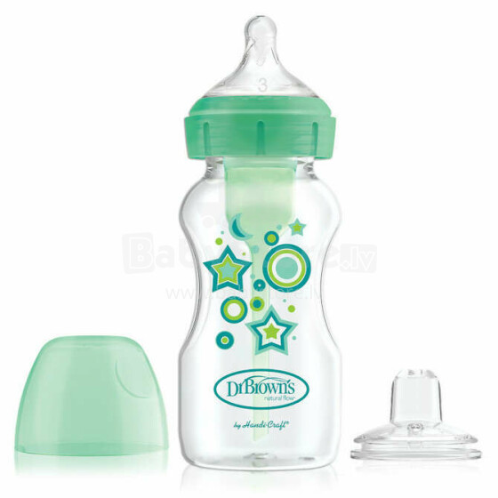 WB91606 9 oz/270 ml PP Wide-Neck Options+ Green Stars Bottle w/ Sippy Spout (+L3 Nipple in Bottle),  1-Pack