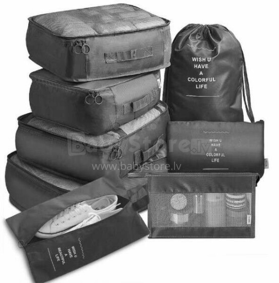 Ikonka Art.KX4110_2 Lagaminų organizatoriai kelionių rinkinys 7 dalių drabužių laikymo reikmenys vandeniui atsparūs krepšiai makiažo krepšys batų krepšys juodas