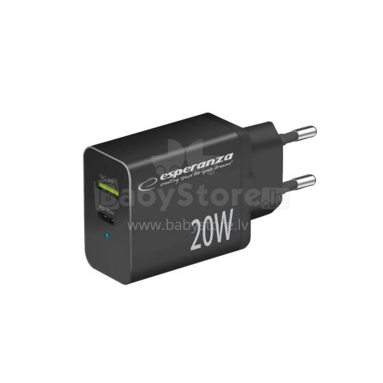 ESPERANZA QUICK POWER CHARGER 20W USB-C PD 20W / USB-A QC 3.0 18W BLACK