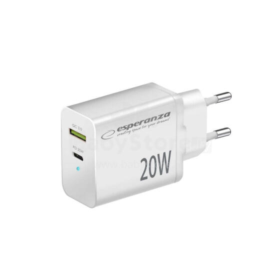 ESPERANZA QUICK POWER CHARGER 20W USB-C PD 20W / USB-A QC 3.0 18W WHITE