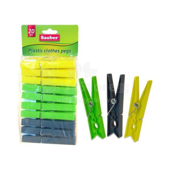 Plastic laundry hooks 20pcs green/yellow/grey