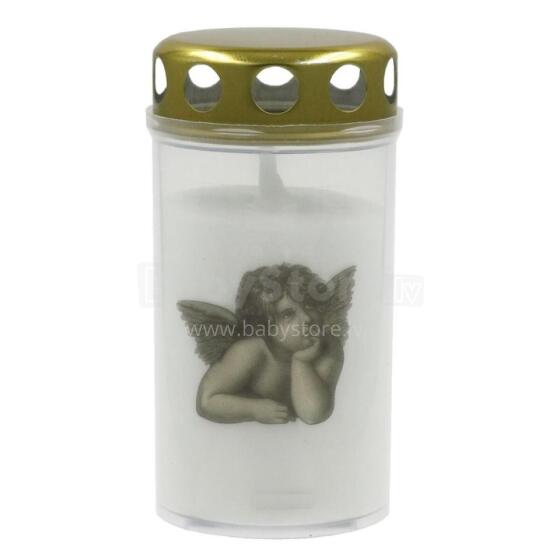 Grave candle with cap 5,6x11,5cm, burning time ~40h, white with angel print