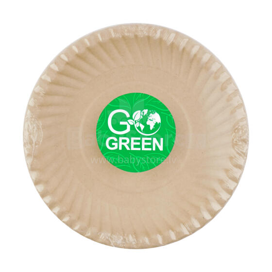 Kompostuojamos cukranendrių lėkštės su &quot;Go Green&quot; raštu &Oslash;23cm 10 vnt/0,15kg