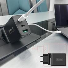 Tellur GaN 65W 3-port wall charger, 2xUSB-C + USB-A, EU,UK,US, black