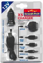 Car phone charger with 5 adapters for various models 12V CHARGER-X5 